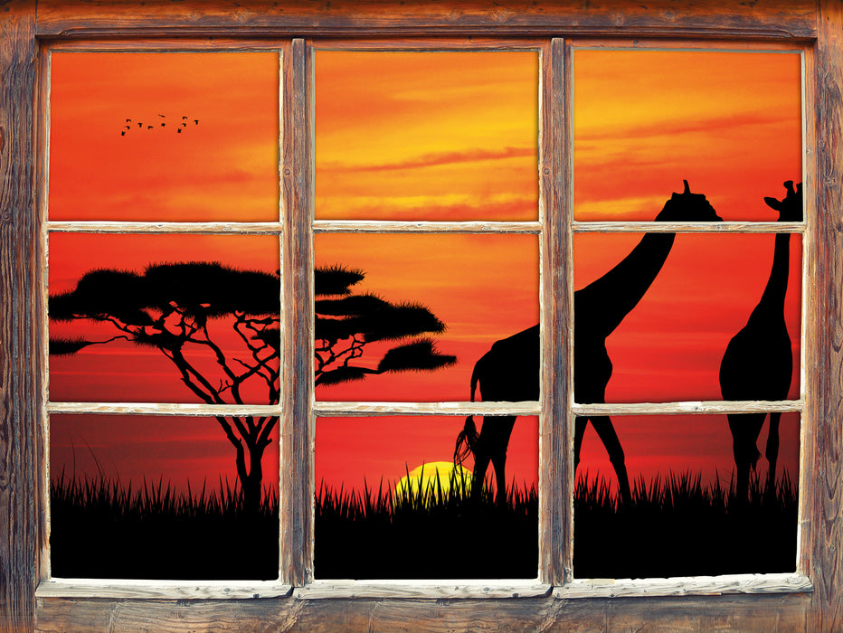 Afrika Giraffen im Sonnenuntergang 3D Wandtattoo Fenster