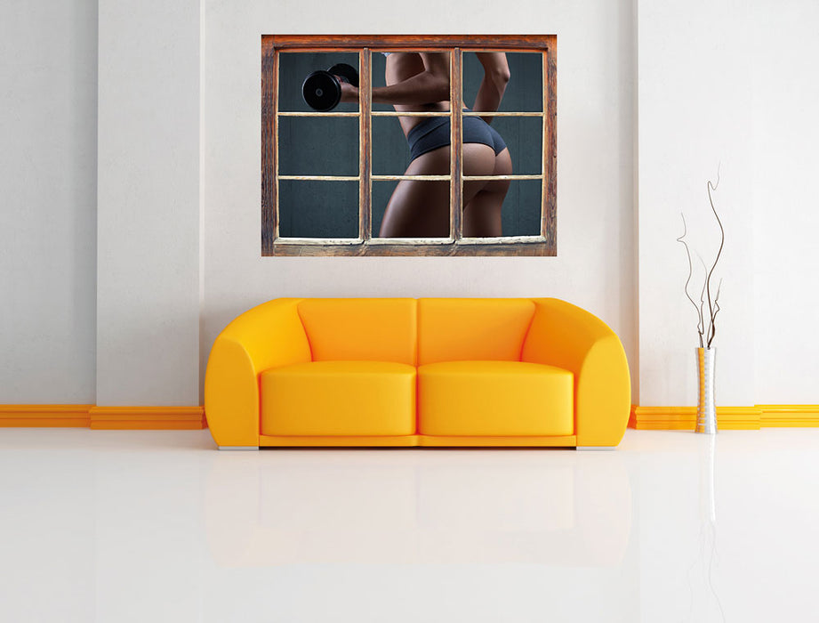 sportliche Frau mit Hanteln 3D Wandtattoo Fenster Wand