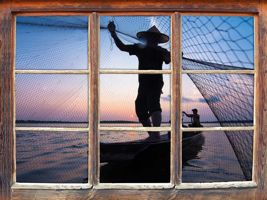 Fischer wirft sein Netz  3D Wandtattoo Fenster