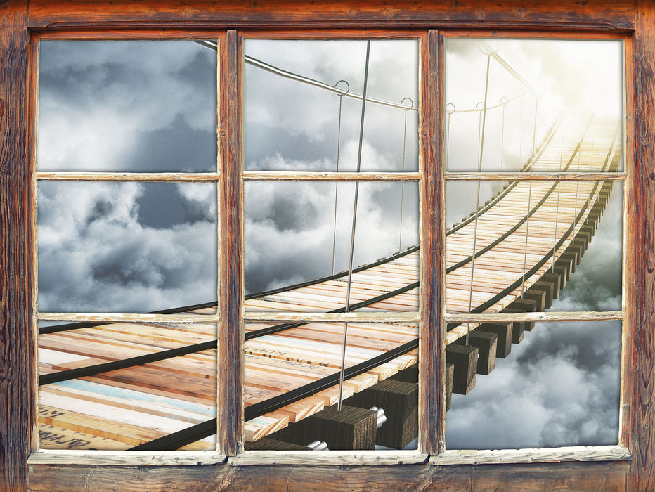Hölzerne Brücke in den Wolken  3D Wandtattoo Fenster