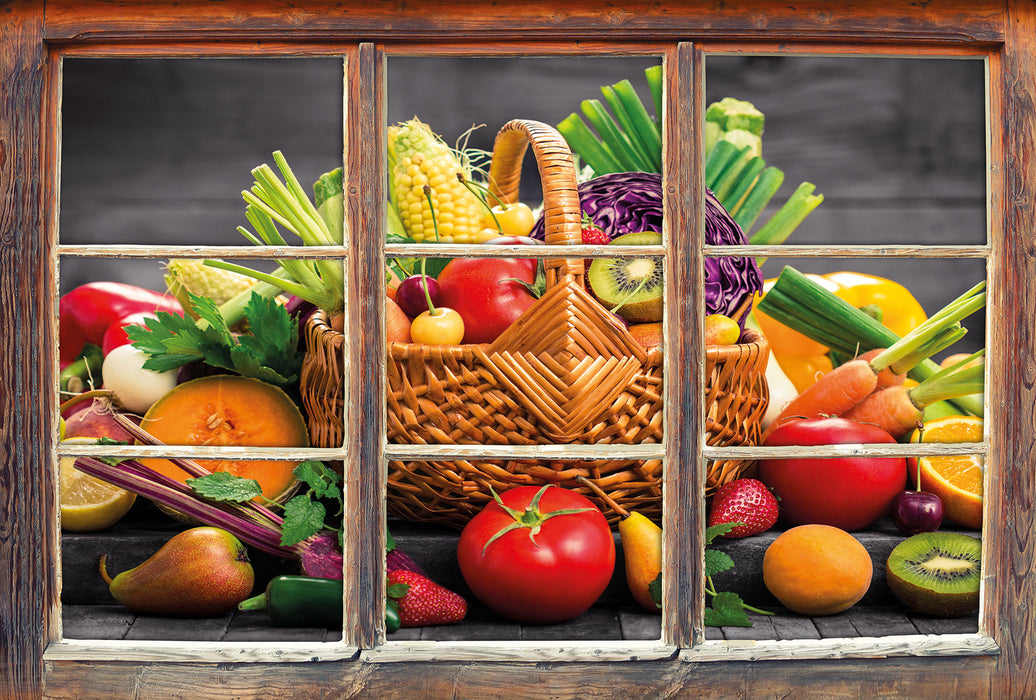 Frisches Obst und Gemüse im Korb 3D Wandtattoo Fenster