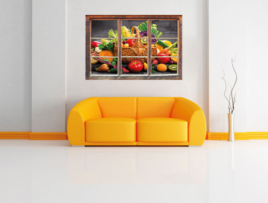 Frisches Obst und Gemüse im Korb 3D Wandtattoo Fenster Wand