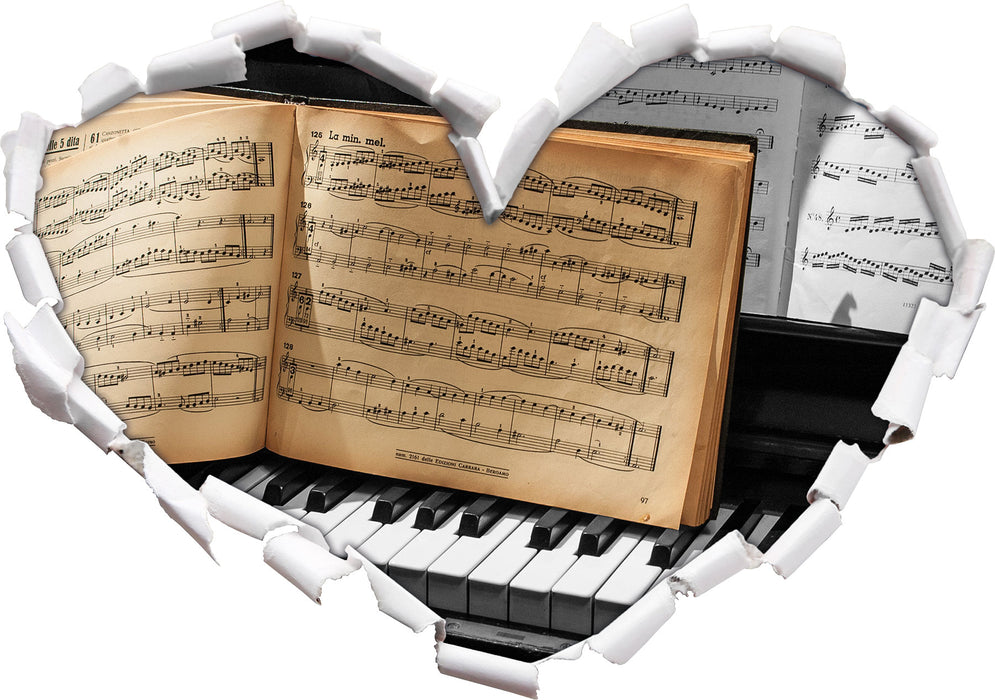 Notenbuch auf Piano 3D Wandtattoo Herz