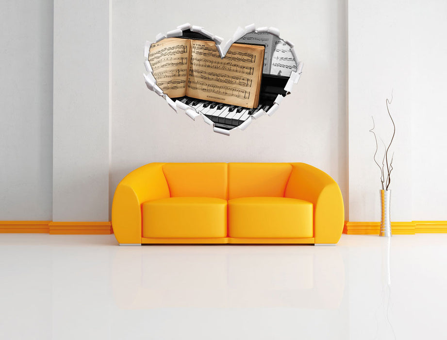 Notenbuch auf Piano 3D Wandtattoo Herz Wand