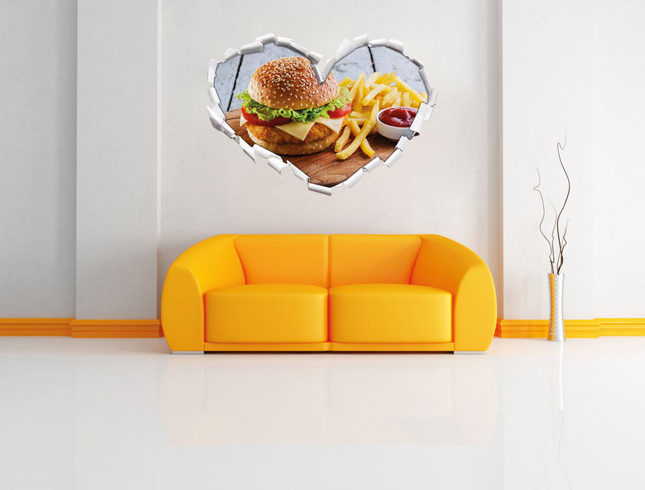 Chickenburger Pommes 3D Wandtattoo Herz Wand