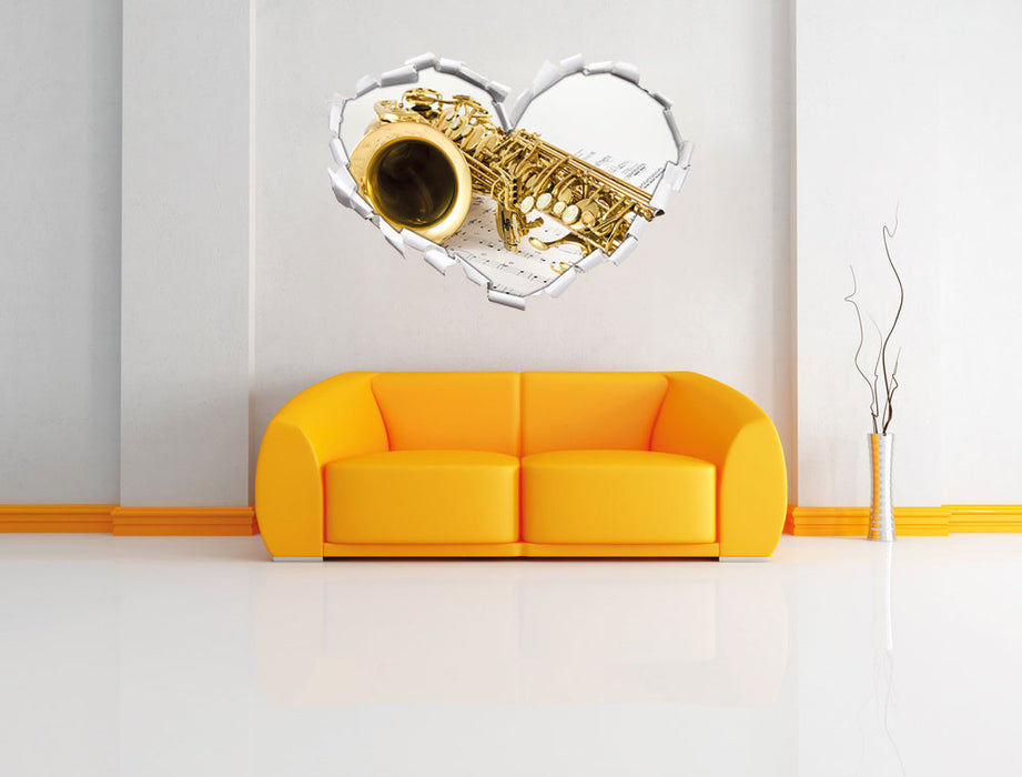 Saxophon auf Notenpapier 3D Wandtattoo Herz Wand