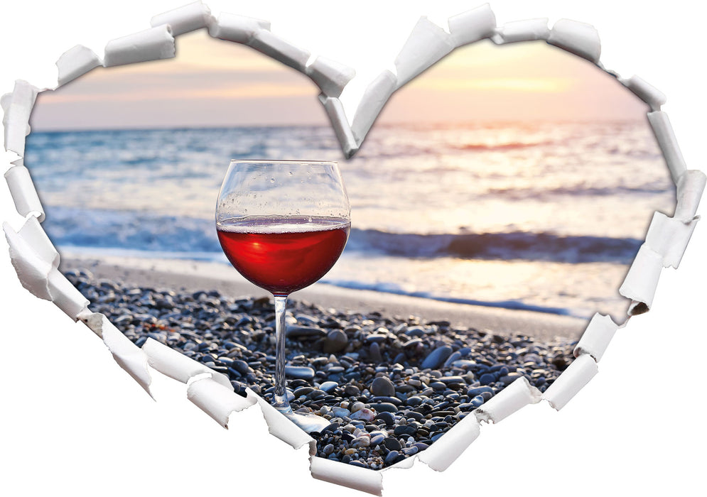 Weinglas am Strand  3D Wandtattoo Herz