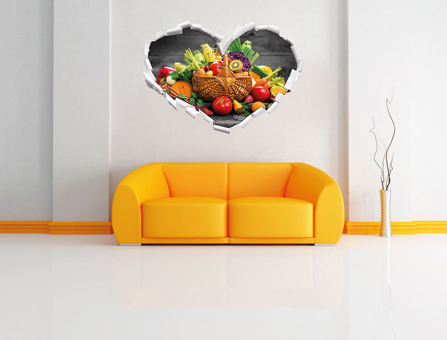 Frisches Obst und Gemüse im Korb 3D Wandtattoo Herz Wand