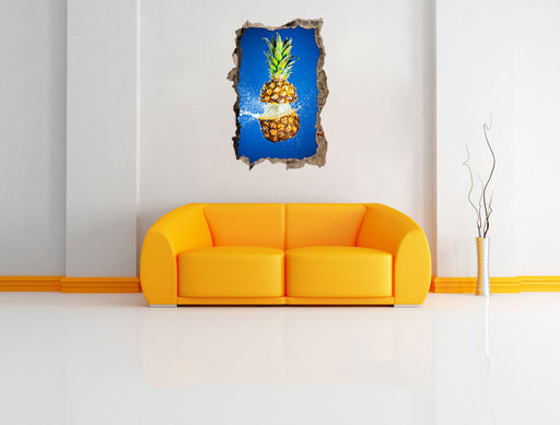Ananas mit Wasser bespritzt 3D Wandtattoo Wanddurchbruch Wand