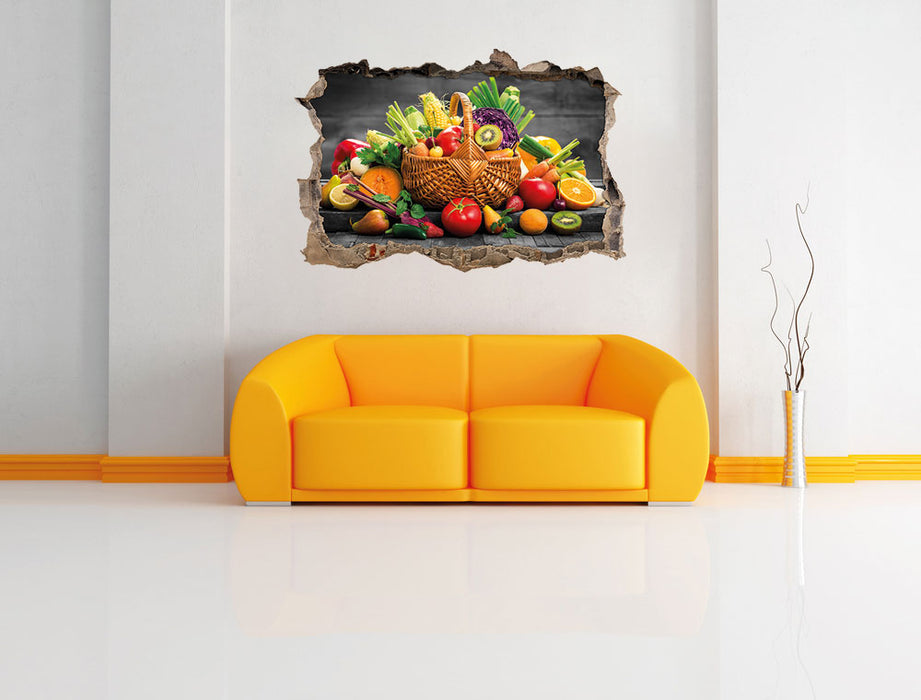 Frisches Obst und Gemüse im Korb 3D Wandtattoo Wanddurchbruch Wand