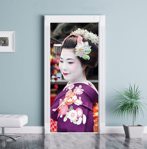 Anmutige Geisha mit Fächer Türaufkleber im Wohnzimmer
