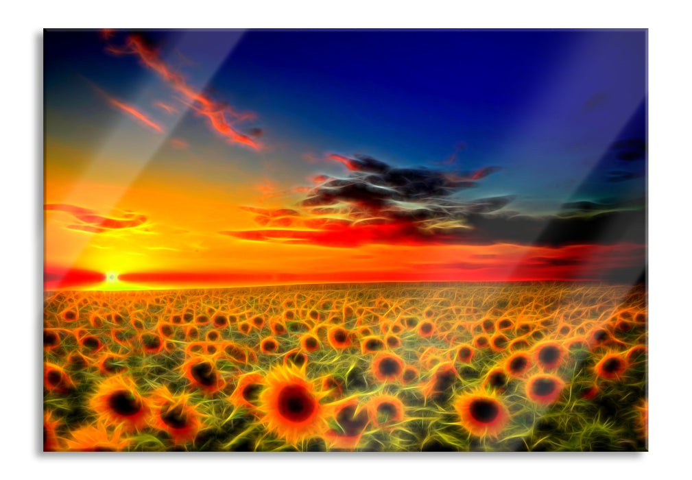 Wunderschönes Sonnenblumenfeld, Glasbild