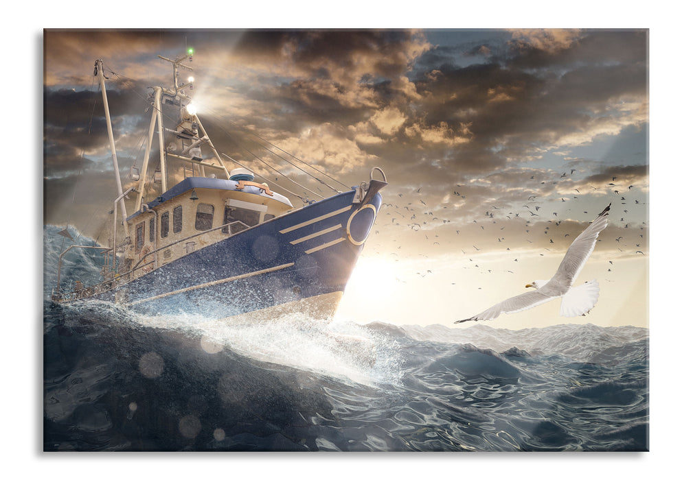 Fischerboot im Sturm auf hoher See, Glasbild