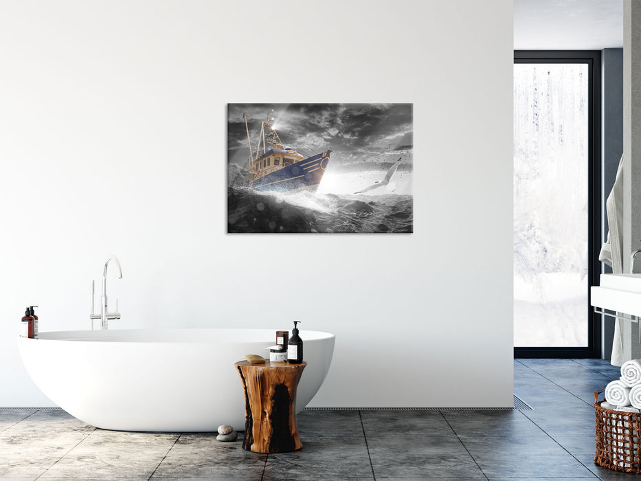 Fischerboot im Sturm auf hoher See B&W Detail, Glasbild