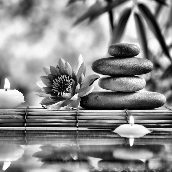 Seerose mit Zen Steinen im Tempel, Glasbild Quadratisch