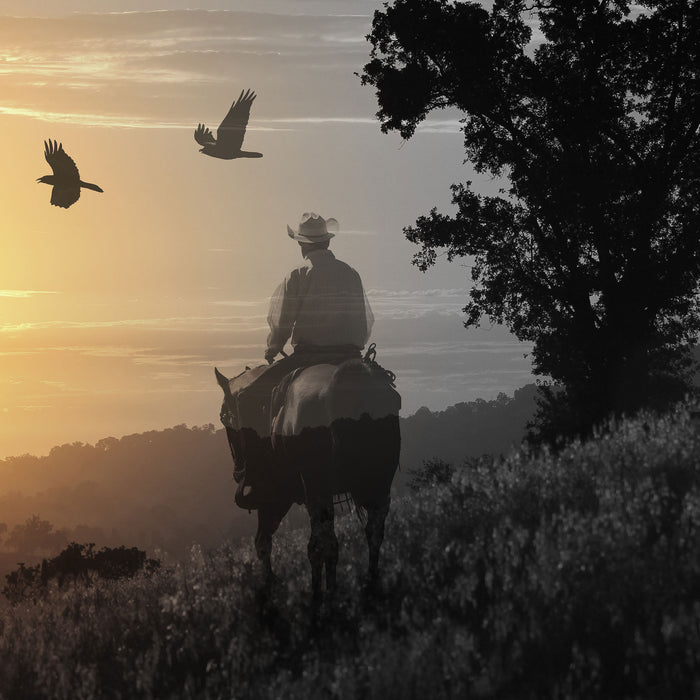Ein Cowboy im Sonnenuntergang, Glasbild Quadratisch