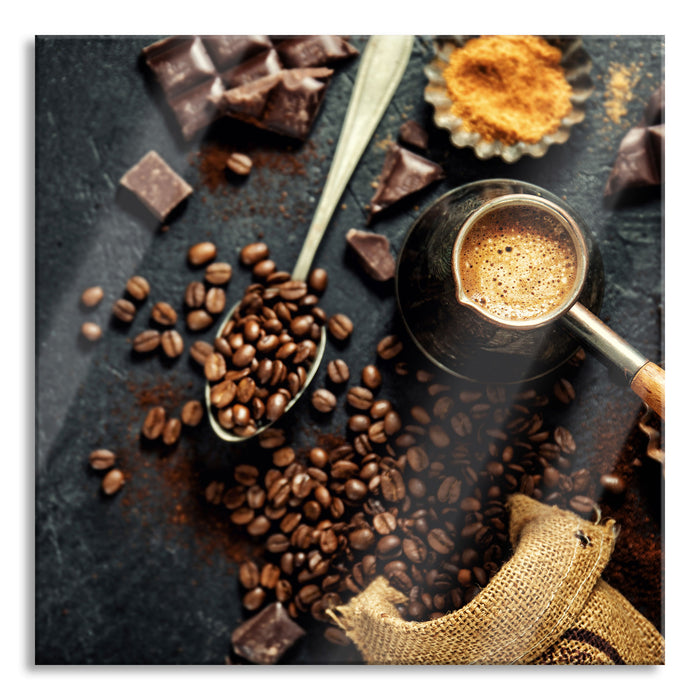 Kaffeebohnen und Schokolade von oben, Glasbild Quadratisch