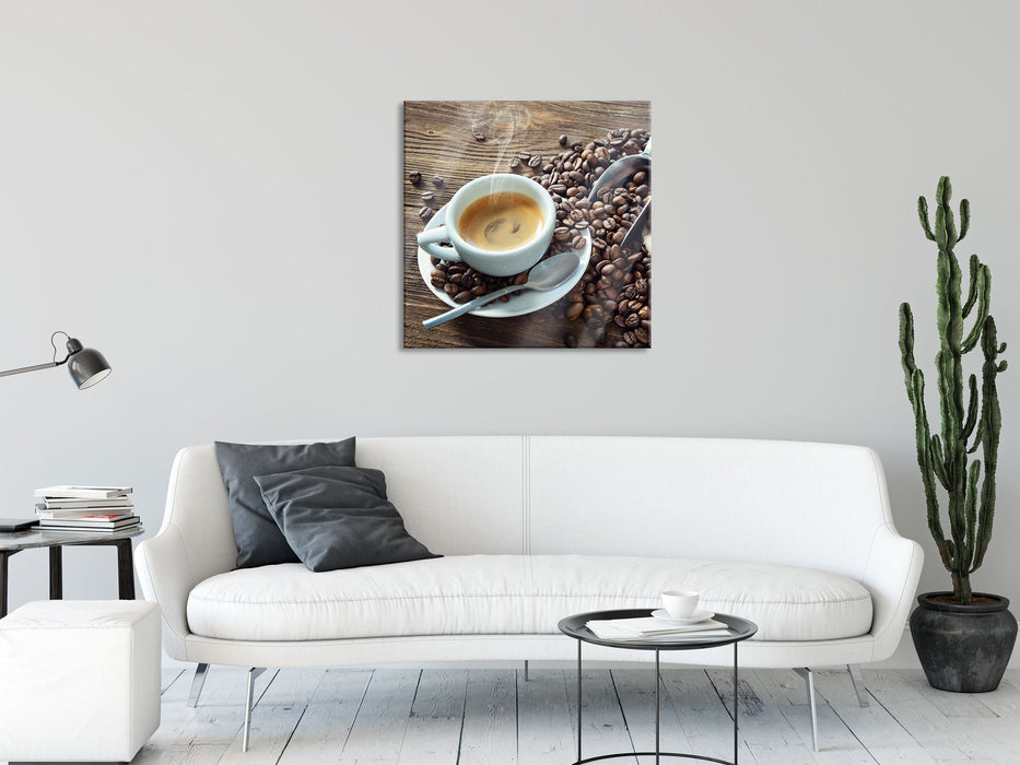 Espressotasse mit Kaffeebohnen, Glasbild Quadratisch