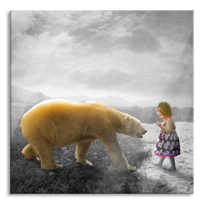 Eisbär im Sommer und Mädchen im Winter B&W Detail, Glasbild Quadratisch