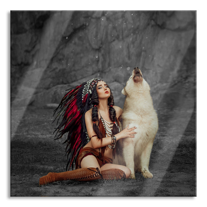 Indianische Frau und heulender Wolfshund B&W Detail, Glasbild Quadratisch