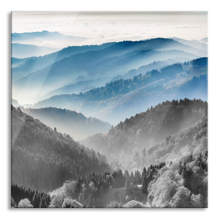 Nebelige Berglandschaft im Herbst B&W Detail, Glasbild Quadratisch