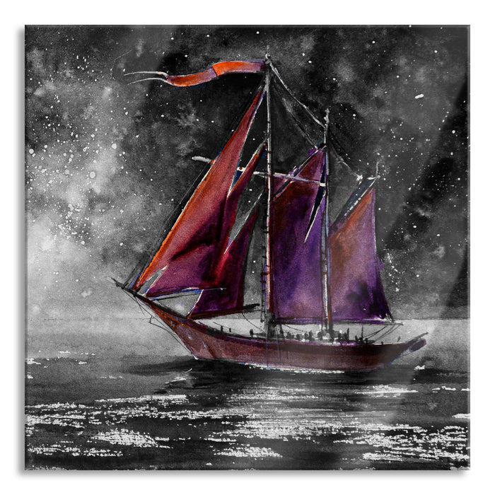 Rotes Segelboot in Sternenheller Nacht B&W Detail, Glasbild Quadratisch