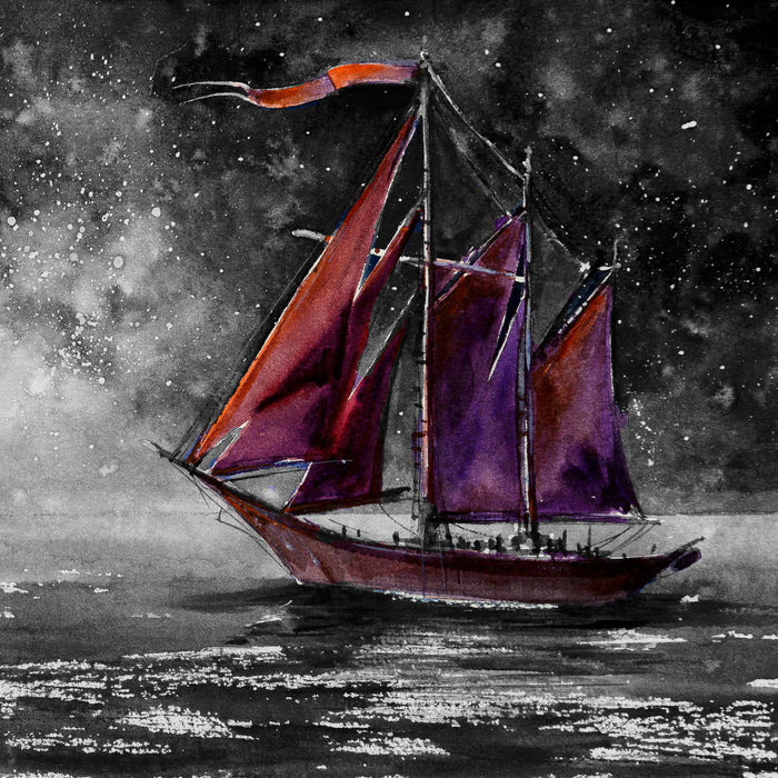 Rotes Segelboot in Sternenheller Nacht B&W Detail, Glasbild Quadratisch