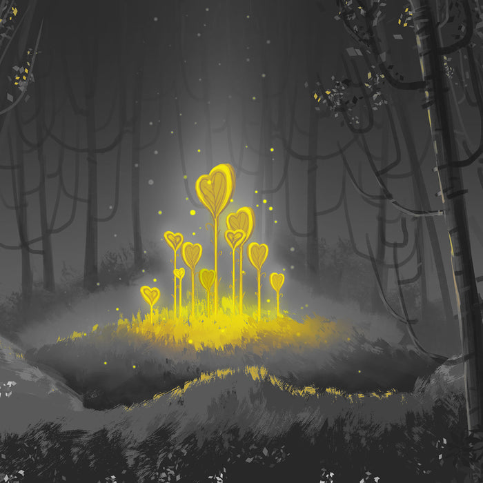 Leuchtende Zauberblumen im Wald B&W Detail, Glasbild Quadratisch