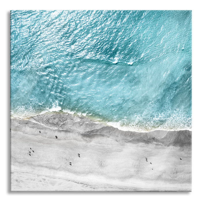 Luftaufnahme von türkisem Meer am Strand B&W Detail, Glasbild Quadratisch