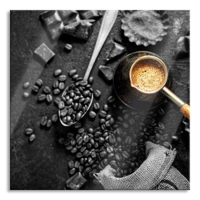 Kaffeebohnen und Schokolade von oben B&W Detail, Glasbild Quadratisch