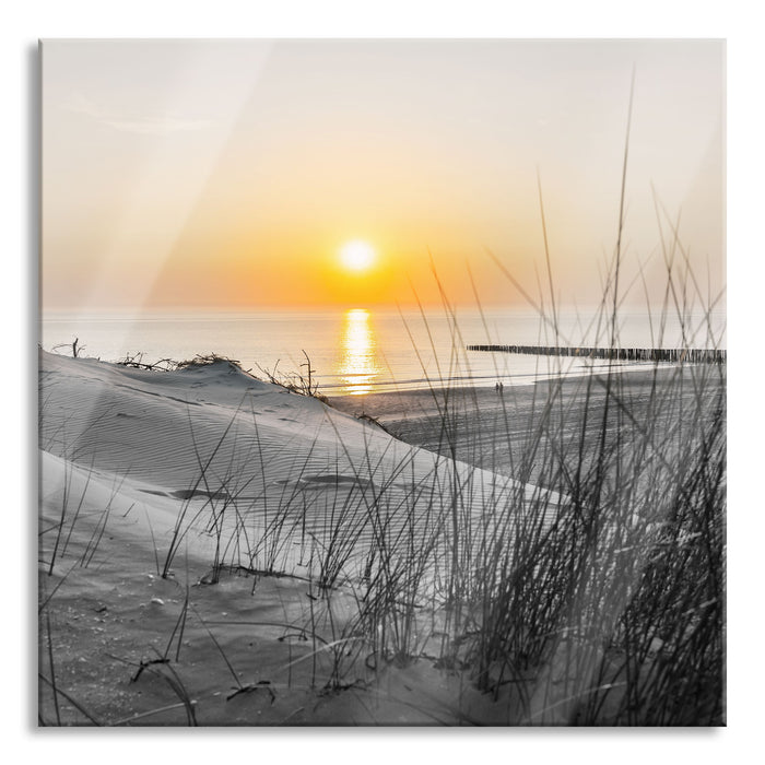 Dünenblick auf Meer bei Sonnenuntergang B&W Detail, Glasbild Quadratisch