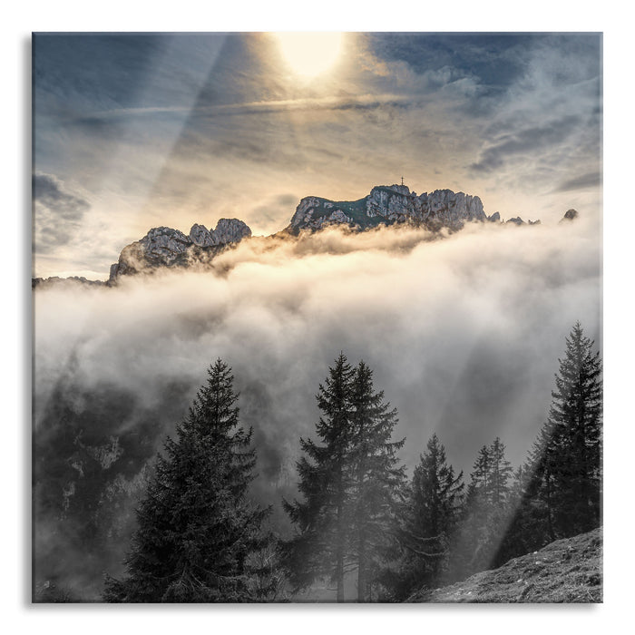 Aufsteigende Wolken in den Dolomiten B&W Detail, Glasbild Quadratisch