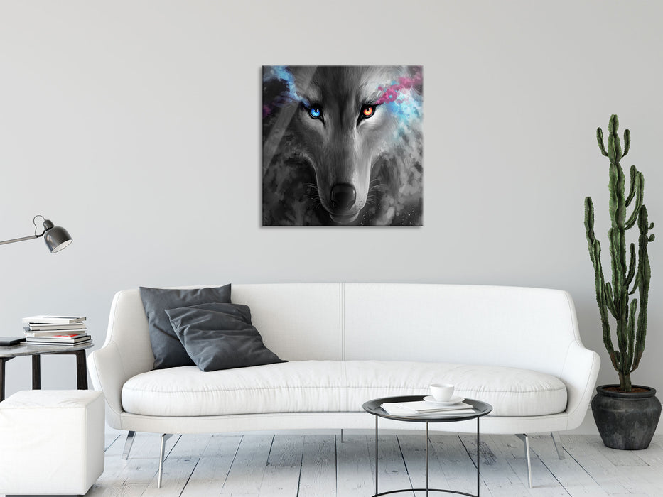 Abstrakter Wolf mit rauchenden Augen B&W Detail, Glasbild Quadratisch