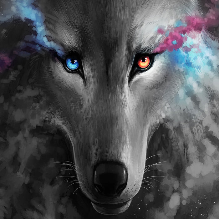 Abstrakter Wolf mit rauchenden Augen B&W Detail, Glasbild Quadratisch