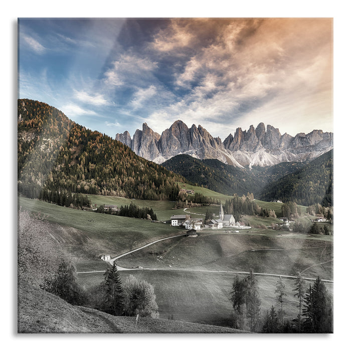 Herbstliche Landschaft in den Dolomiten B&W Detail, Glasbild Quadratisch