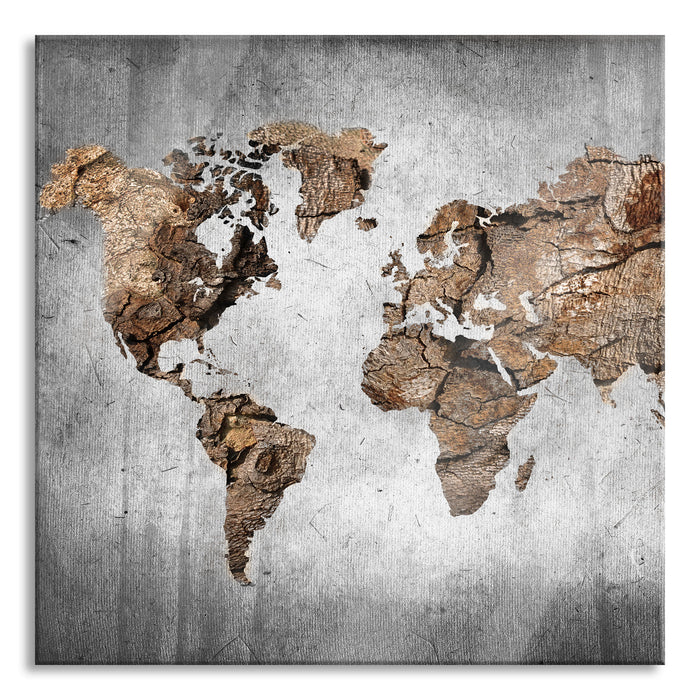 Weltkarte auf altem Holz B&W Detail, Glasbild Quadratisch