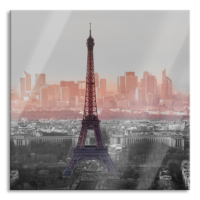 Panorama Eiffelturm bei Sonnenuntergang B&W Detail, Glasbild Quadratisch