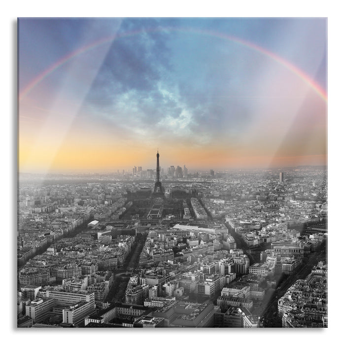 Panorama Regenbogen über Paris B&W Detail, Glasbild Quadratisch