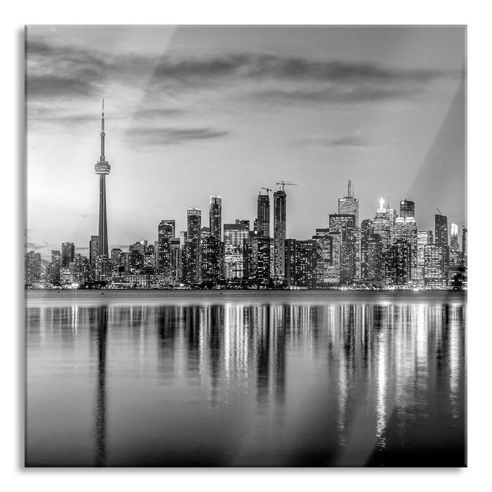 Skyline Toronto in der Abenddämmerung, Monochrome, Glasbild Quadratisch