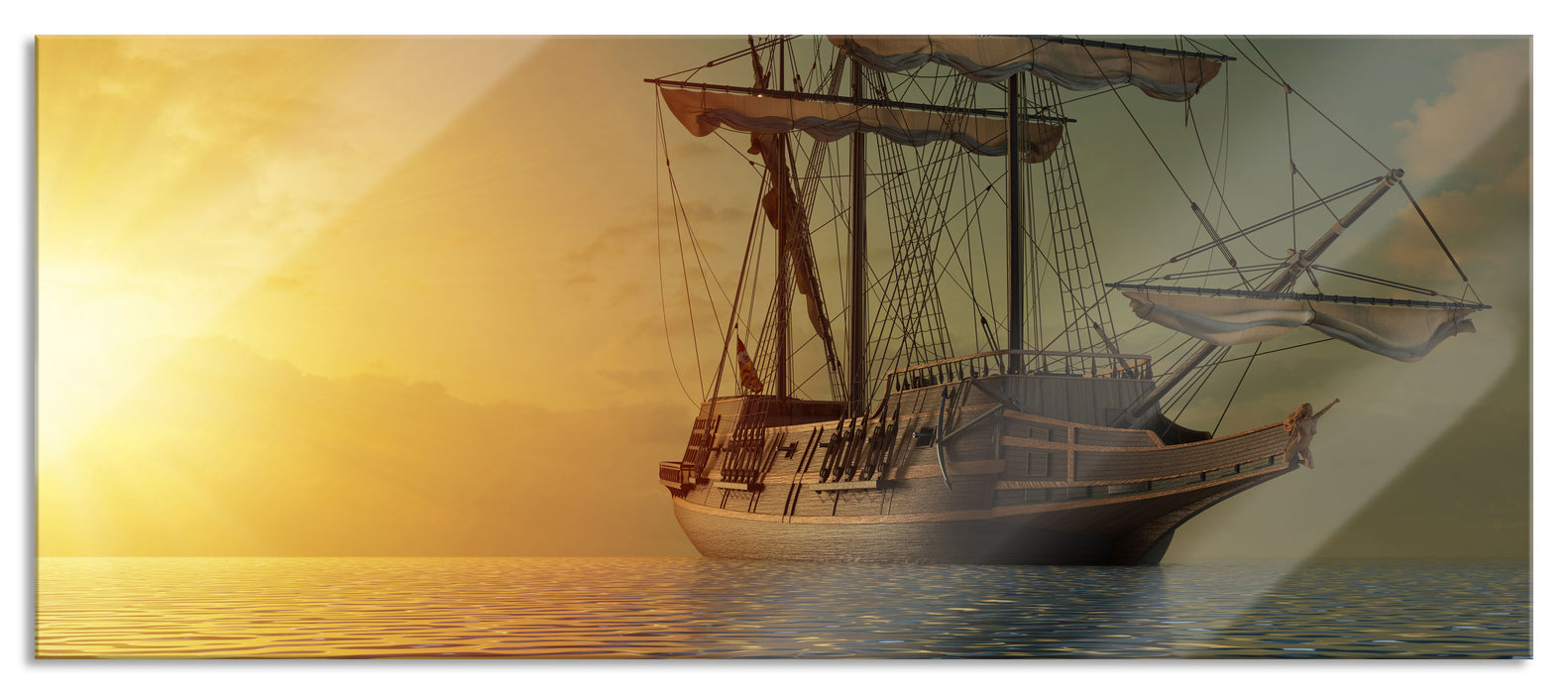 Großes Segelschiff im Sonnenuntergang, Glasbild Panorama