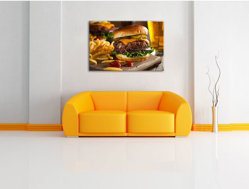 Saftiger Chili Cheese Burger Leinwandbild über Sofa