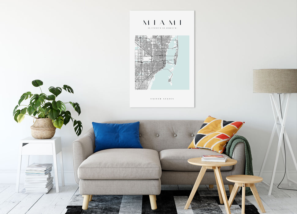 Stadtkarte Eckig  - Miami, Leinwandbild