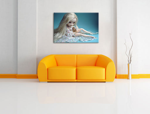 blonde Pullip-Puppe mit Vogelkäfig Leinwandbild über Sofa