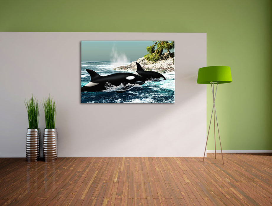 Orcas vor Insel Leinwandbild im Flur