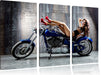 Sexy Model auf blauem Motorrad Leinwandbild 3 Teilig