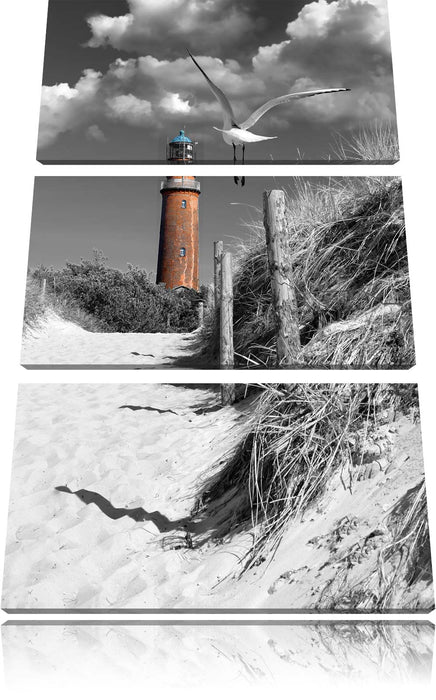 Leuchtturm mit Möwe an Strandweg Leinwandbild 3 Teilig