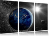Erde mit Sonne im Weltall Leinwandbild 3 Teilig
