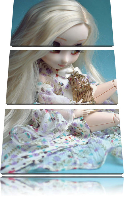 blonde Pullip-Puppe mit Vogelkäfig Leinwandbild 3 Teilig