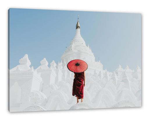 Mönch in rotem Gewand vor weißem Tempel Leinwanbild Rechteckig