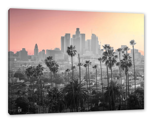Palmen vor Skyline von Los Angeles B&W Detail Leinwanbild Rechteckig